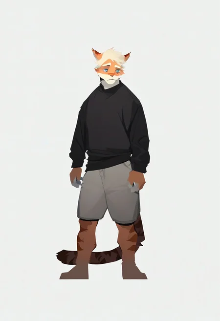 score_9_up, score_8_up, score_7_up, source_furry, dnd, milkytiger, tiger ears, tiger boy, white eyebrows, blue eyes, 1boy, solo, black sweater, gray shorts, full body, standing