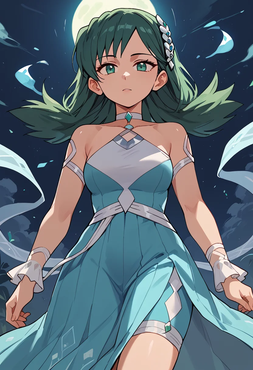 Leaning on an invisible countertop, <lora:KrisPony-10:1> Kris_Sygna, medium hair, green hair, hair ornament, green eyes, choker, dress, blue dress, halter dress, bare shoulders, shorts, blue short, shorts under dress, wrist cuffs,, score_9, score_8_up, score_7_up, score_6_up, score_5_up, score_4_up,