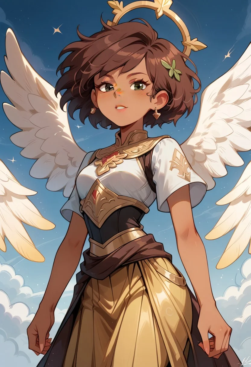 score_9, score_8_up, score_7_up, 1girl, anneboonchuy, brown hair, dark-skinned female, short hair, (((six angel wings))), three pairs of wings, solo, bright light shinning in the background, armour, golden silk long skirt, looking a viewer
BREAK, (masterpiece, best quality, highly detailed), expressiveh, High Quality V2, floating, <lora:add-detail-xl:-1>,