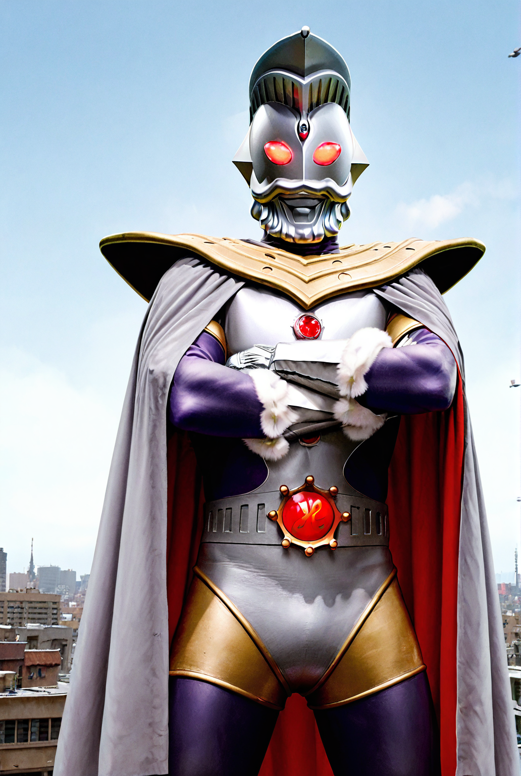 very awe,aesthetically pleasing,masterpiece,best quality,amazing quality,very aesthetic,ultra-detailed,high resolution,8k,1boy,solo,cowboy shot,male focus,detailed face,helmet, belt, cape, gloves, armor, red eyes, glowing eyes, bodysuit,crossed arms,looking at viewer, cityscape, giant, sky,<lora:Ultraman King:0.8>,ultraman k1ng,
