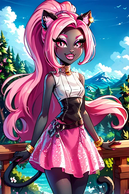 score_9, score_8_up, score_8, medium breasts, (curvy), cute, eyelashes, ,,, , ,,, zzCattyNoir, pink eyes, pink eyeshadow, long hair, pink hair, ponytail, tail, very long hair, black skin, cat ears, cat tail, makeup, sleeveless, pink skirt, idol, jewelry, eyeshadow, high heels, lipstick, <lora:CattyNoir_MH_PDXL:1.0>, ,,,, BREAK, looking at viewer, smile, outdoors, sky, day, cloud, tree, blue sky, mountain, cowboy shot, ,,, embedding:zPDXL, Expressiveh, ,,, <lora:Alola_Style_PDXL:0.8>, <lora:CatalystStylePDXL:0.8>, <lora:Expressive_H-000001:0.4>,