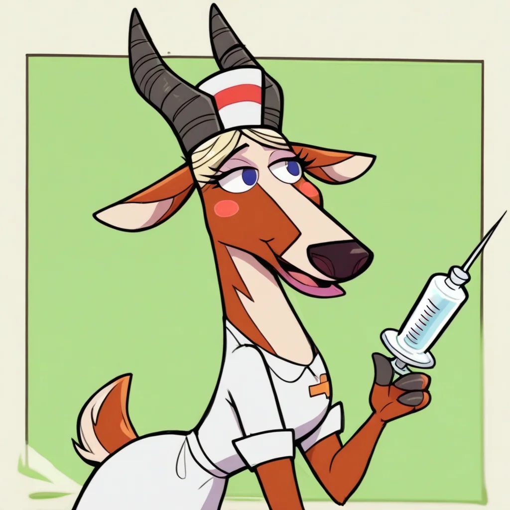 score_9,score_8,score_7,source_furry,nurse_gazelle, jacqueline_gazelle, gazelle girl, horns, syringe, hat, solo, furry, nurse cap, nurse, blonde hair, gazelle horns, 1girl, nurse outfit