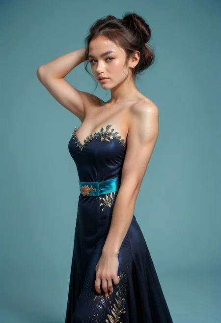 score_9, score_8_up, score_7_up, black colored kebaya dress (long dress, skin tight, strapless, off shoulder, luxurious design, simple sash, sequin skirt, brocaded),
pureerosface_v1, JDMAI_KEBAYA, JDMAI_ARIEL_SARI,
(dynamic lighting), (dynamic shadow), 4k, HD, Hi res, cinematic masterpiece, photographic masterpieces, epiCPhoto,
Neat hair bun, professional makeup, side view, one hand raised,
Portrait, upper body, alluring pose, confident facial expression,
(simple turquoise background), (blurry background), (sharp focus on object),