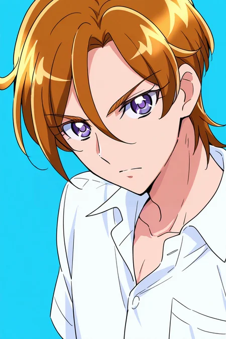 <lora:Mahoutsukai_Precure:1>, Mahoutsukai_Precure, 1boy, male focus, solo, shirt, brown hair, looking at viewer, white shirt, purple eyes, collared shirt, upper body, closed mouth, collarbone, dress shirt, short hair, breast pocket, blue background, hair between eyes, pocket, serious