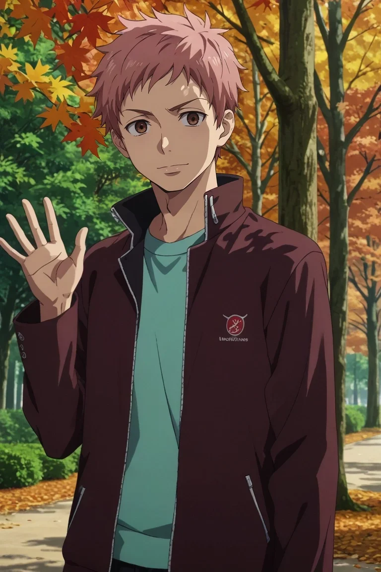 score_9, score_8_up, score_7_up, source_anime, rating_safe, intricate details, anime screencap, anime coloring, official style, , , 1boy, solo, male focus, <lora:renzou_shima_pony:0.74>, renzou_shima, pink hair, brown eyes, short hair, wide angle, wide shot, cowboy shot, trees, autumn, leaves, day, waving, distracted, aloof, oblivious, , <lora:sdxl_lightning_8step_lora:1>