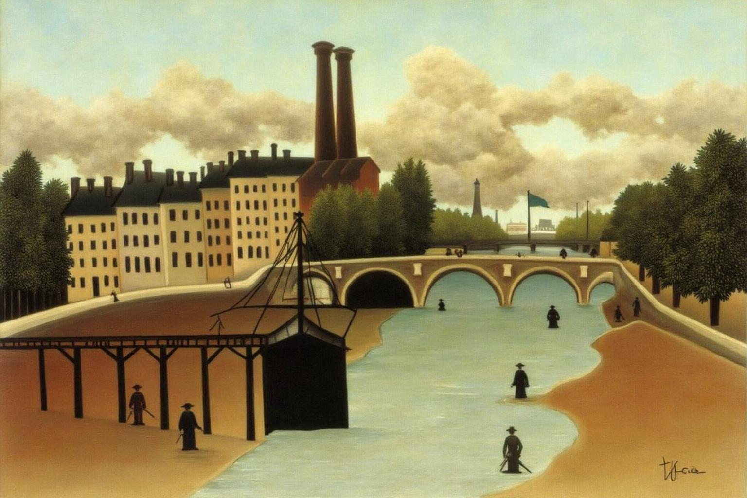 henrirousseau2 painting.
The scene depicts an industrial riverside setting with a calm atmosphere and earthy tones of brown, beige, and green. In the foreground, a long wooden pier extends into the gently flowing river. There is a stone bridge spanning across the river.
 <lora:henrirousseau2_cap_d6a3:1.0><lora:834025968483095791:0>