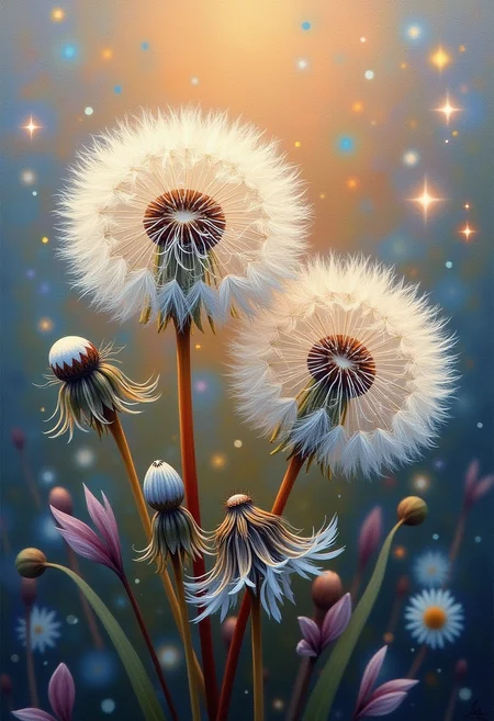 Nestled within an intricate oil painting, nature's delicate ballet unfolds with grace as dandelion seed heads playfully intertwine amongst dainty petals. Captured through a mesmerizing macro perspective, each microcosmic detail emerges in vivid clarity, highlighting the harmonious symphony of hues and shades. The artist's brushwork exudes energy and passion, creating a sumptuous impasto effect while masterfully blending soft colors, further enhancing the painting's ethereal atmosphere and mesmerizing lighting. As viewers immerse themselves in this captivating tableau, depth perception heightens with each brushstroke, evoking emotions reminiscent of Post-Impressionist masterworks yet simultaneously blurring the boundaries between the past and present. The delicate patterns and textures unfold before the eye, transforming minute natural wonders into something akin to a celestial dreamscape. Undoubtedly, this enchanting oil painting serves as a testament to the artist's immense creative prowess and imaginative skill. ,