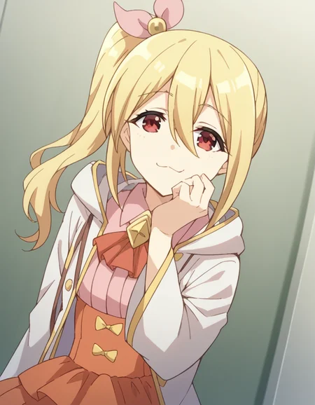score_9, score_8_up, score_7_up, source_anime, <lora:bofuri-frederica-s2-ponyxl-lora-nochekaiser:1>, frederica, long hair, bangs, blonde hair, red eyes, bow, hair between eyes, hair bow, ponytail, side ponytail,, skirt, long sleeves, dress, jacket, open clothes, wide sleeves, coat, ascot, white jacket,, hospital room, bedside, get well flowers, comforting, quiet, smile, looking at viewer, elbow up, foot forward, hand on chin, solo,, cowboy shot, dutch angle