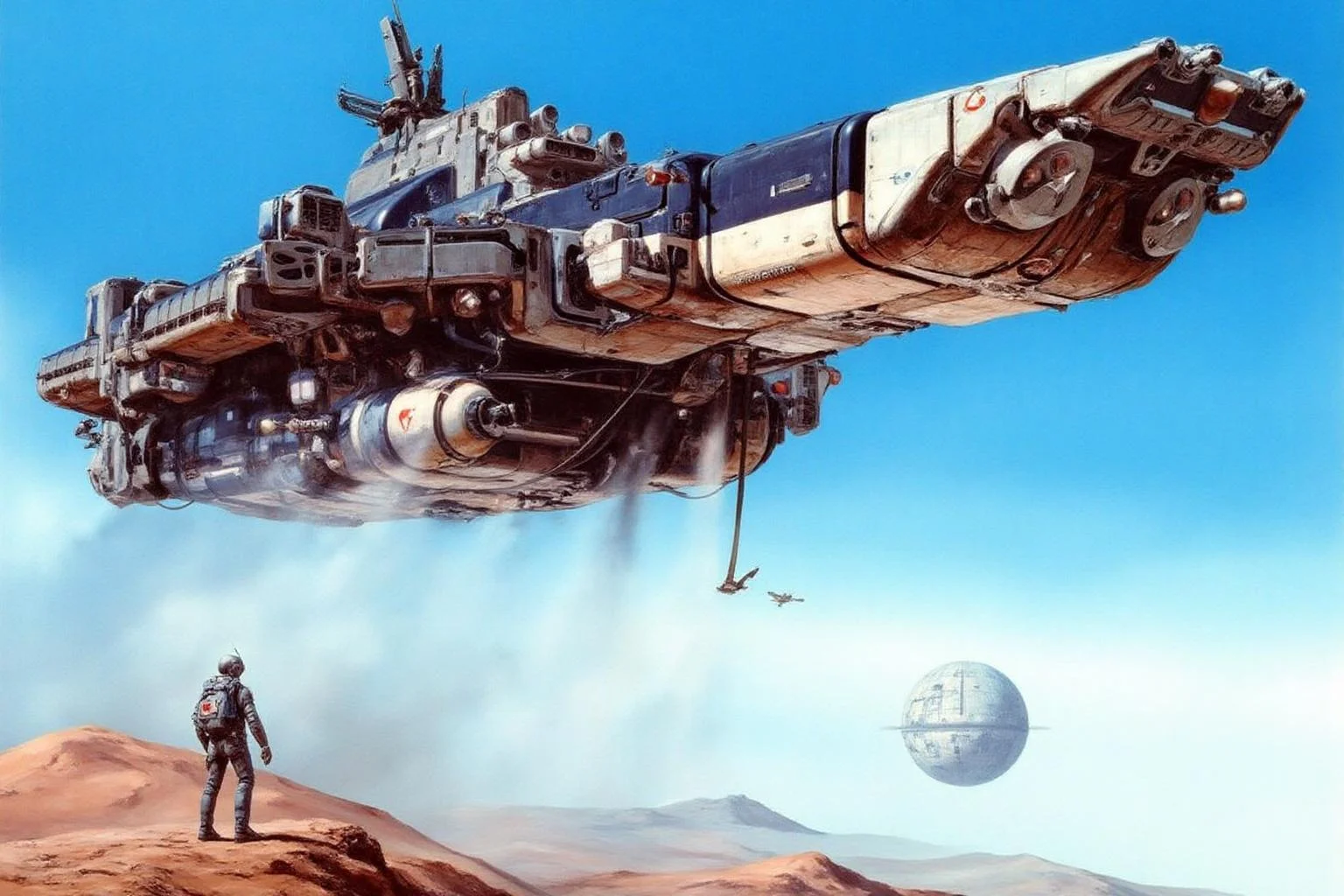 m9cha illustration.
A lonely pilot is standing in a dessert of an Alien planet.
In the backgrouind, a futuristic, high-tech mothership or spacecraft, resembling a large, angular aircraft carrier, hovering in the sky. The spacecraft, painted in a mix of dark blue, silver, and white, has numerous antennas, sensors, and various equipment visible on its surface. It has a sleek, aerodynamic design with a long, pointed nose and a wide, flat bottom.
The Star Wars Death Star is in the background. <lora:macmecha1_cap_d6a3e11:1.0><lora:820689833035986824:0>