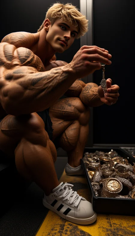 a man, (blonde matt), a very muscular male, so handsome, suspicious, doggy geezer, a skinny young male, scallylad chav, proll, smirking with tattoos, scruffy shirt, black shorts white sneakers squatting, back to the wall in the tube station head slanted looking at you, handing dangling a genuine rolex watch which glimmers in reflective light, a tray of real diamond encrusted watches and jewellery is on floor
dark lighting, dark color, mystery, atmospheric, ultra high res, 8k uhd, intricate details, best face, best eyes, best hands, best quality, delicate, detailed face, detailed eyes, masterpiece, film grain, deep tanned male
photo realistic wide angle long shot