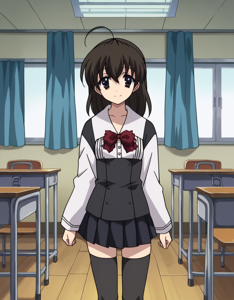 score_9, score_8_up, score_7_up, source_anime,
sekaisaionji, <lora:sekai-saionji-ponyxl-lora-nochekaiser:1>,
sekai saionji, black hair, brown eyes, ahoge, smile,
skirt, thighhighs, school uniform, shoes, black thighhighs, zettai ryouiki,
indoors, classroom,
looking at viewer, cowboy shot,