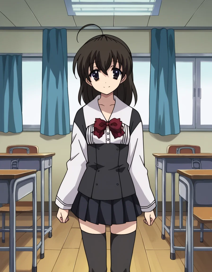 score_9, score_8_up, score_7_up, source_anime,
sekaisaionji, <lora:sekai-saionji-ponyxl-lora-nochekaiser:1>,
sekai saionji, black hair, brown eyes, ahoge, smile,
skirt, thighhighs, school uniform, shoes, black thighhighs, zettai ryouiki,
indoors, classroom,
looking at viewer, cowboy shot,