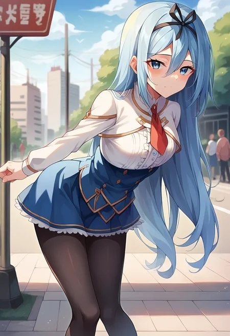 score_9, score_8_up, score_7_up, source_anime, masterpiece, 1girl, ctiankrulc1fer, light blue hair, blue eyes, white capelet, red necktie, underbust, blue skirt, center frills, frilled skirt, long sleeves, black pantyhose, leaning forward, facing viewer, looking at viewer, outdoors, city, depth of field, sunny, day, <lora:Krulcifer_Einfolk_pony_ct:1>