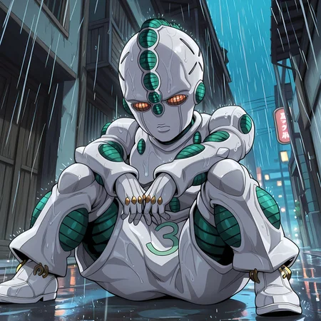 masterpiece, best quality, amazing quality, echoes3, male, solo, humanoid, stand (jojo), white body, green body, two-tone body, orange eyes, holes on head, back spike, white shorts, white shoes, sitting, on ground, legs tucked in, 
arms over legs, low angle, outdoors, street, rain, night