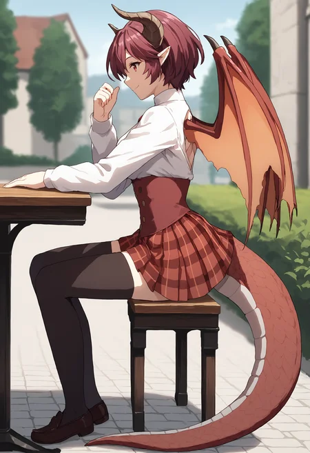 score_9, score_8_up, score_7_up, source_anime, grea, dragon tail BREAK short hair, black thighhighs, long sleeves, closed mouth, white shirt, blurry background, red plaid skirt, pleated skirt, high-waist, loafers, slight smile, sitting on bench, at table, outdoors, medieval city background, evening, from side, (profile:1.1), <lora:Grea_v3_rank8:1>