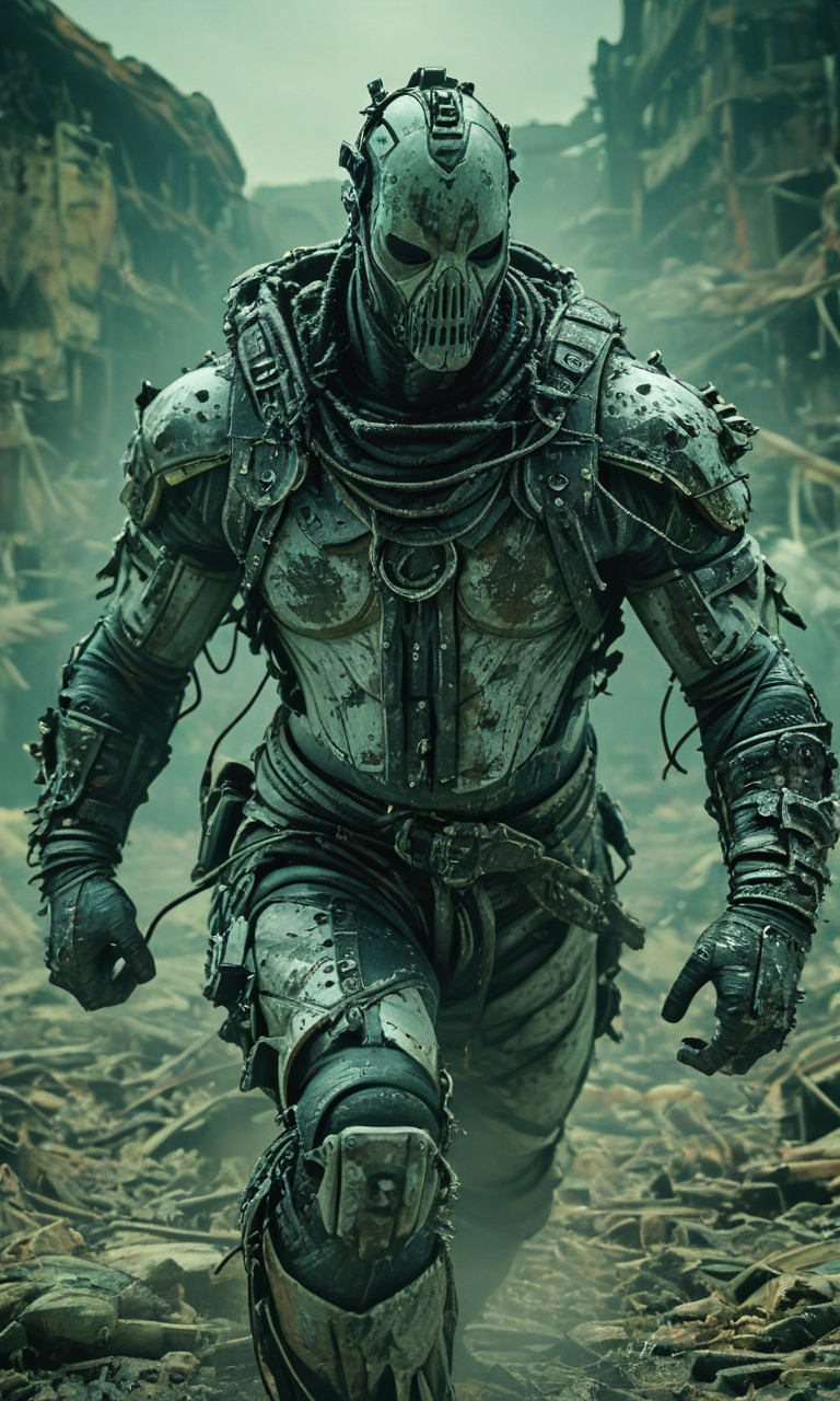 warrior in battle tattered leather armor masked in a post apocalyptic setting , white and blacks and the character is depicted in a dynamic pose suggesting movement or action<lora:- iLL - the_edgy_mech_V2.0-step000013500:.8>