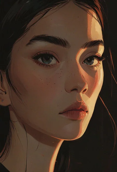 impactful paint of a young swedish woman, from the side, looking at viewer, serene satiated expression, natural rim lighting, vibrant colors, reflections in eyes, <lora:The_Pulp_Session:0.8>,