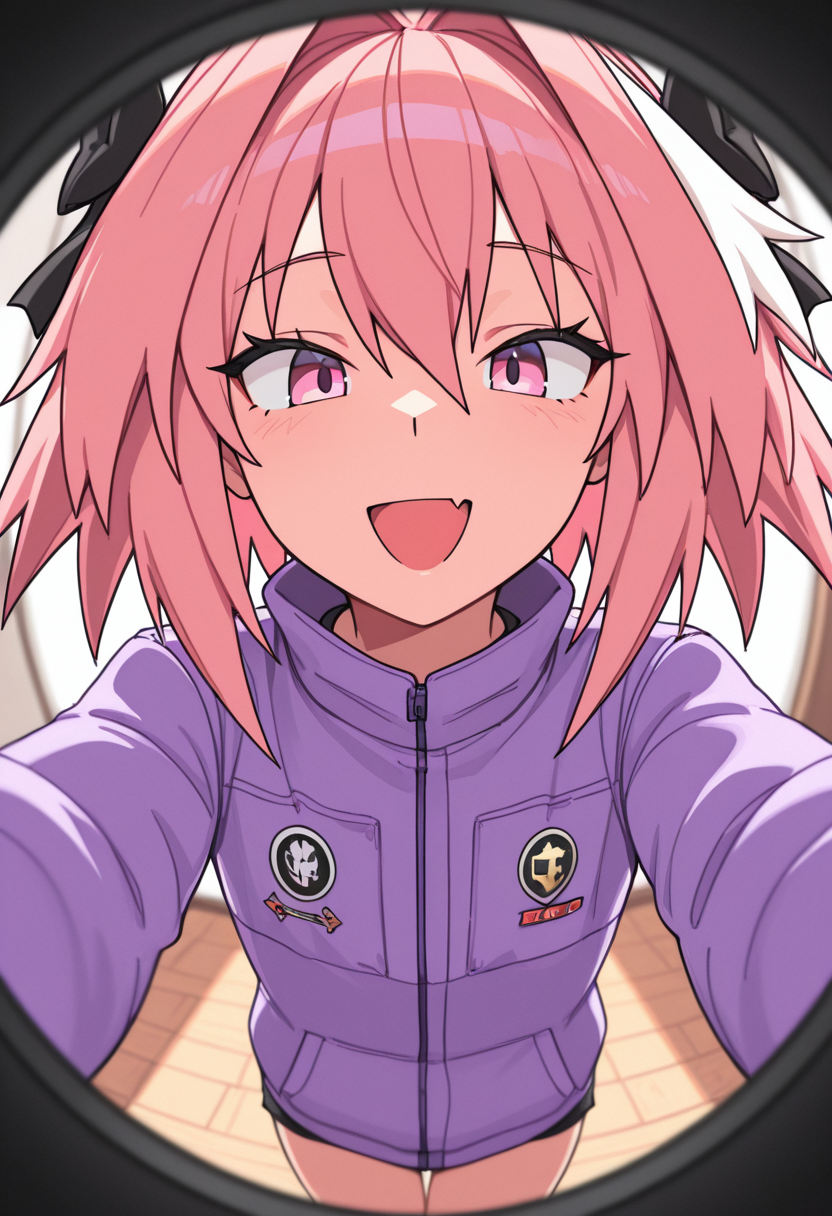 Masterpiece, best quality, tsunderemaids, 1boy, solo, astolfo_(fate), pink eyes, pink hair, fisheye lens, looking at viewer, smile, :D, jacket, purple clothes