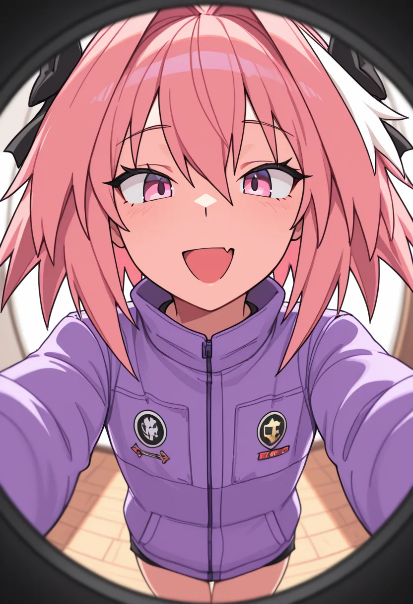 Masterpiece, best quality, tsunderemaids, 1boy, solo, astolfo_(fate), pink eyes, pink hair, fisheye lens, looking at viewer, smile, :D, jacket, purple clothes
