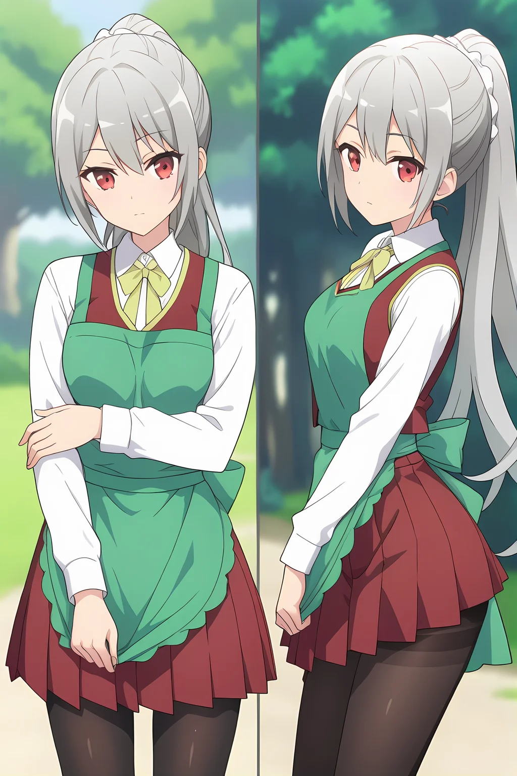 (green apron school uniform red vest white short long sleeves red skirt black pantyhose:1.40), ig-maidena, grey hair, red eyes, 1girl, solo, skinny, score_9, score_8_up, score_8, score_7_up, score_7, score_6_up, score_6, score_5_up, score_5, source_anime, (horny:1.10), outdoors, (0.2:close-up depth of field:1.20), (3koma:1.20), feet, <lora:ig-maidena-V01-000004:0.70> medium breasts, ponytail