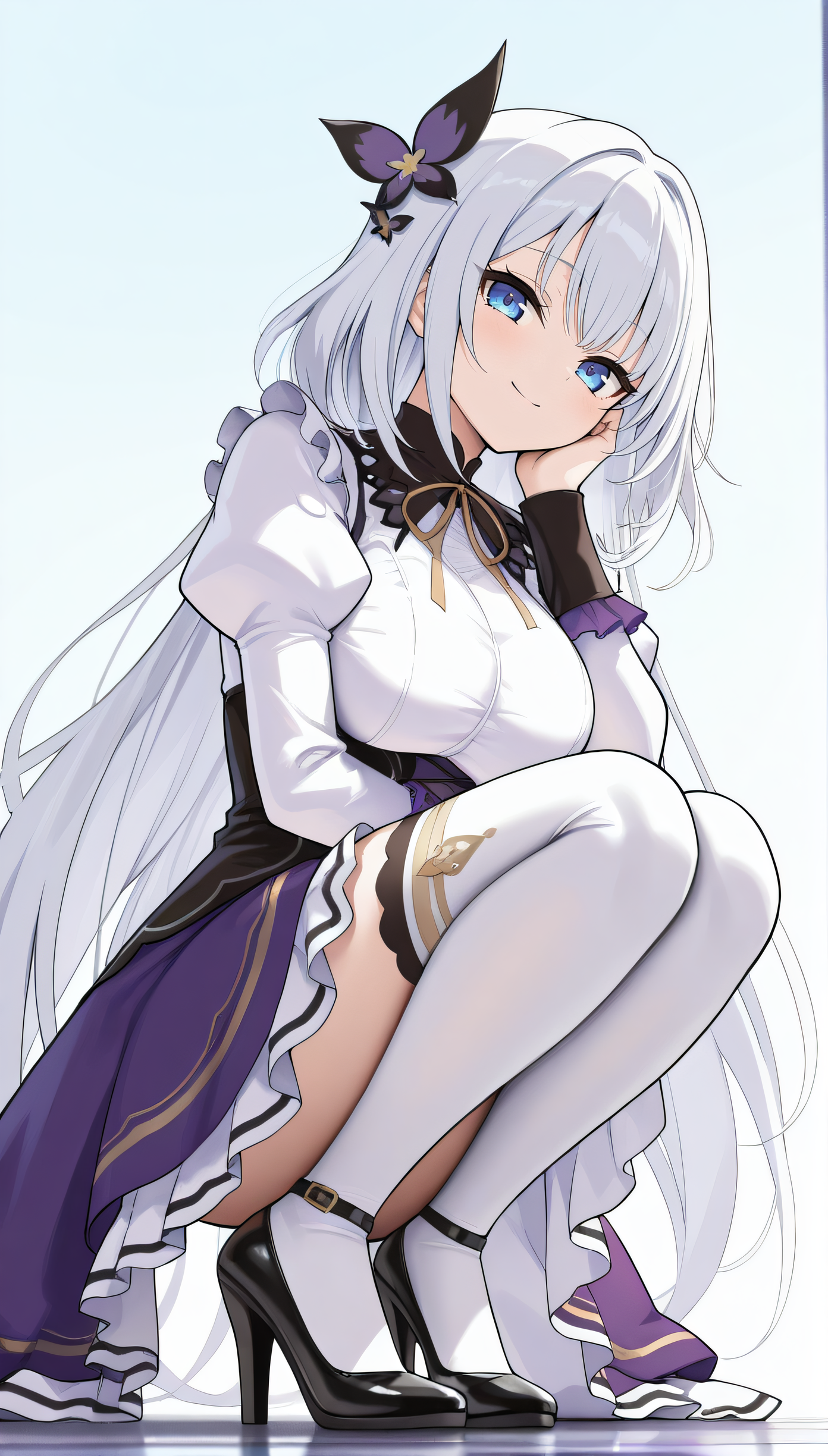 masterpiece, best quality, highres, scenery, newest, 1girl, official style, <lora:Tsukigaoka_Ran:1>, ran, white hair, very long hair, blue eyes, frills, puffy sleeves, purple dress, large breasts, white chest, white long sleeves, white thighhighs, black heels, looking at viewer, smile, full body, squatting, from below, simple background, hand on own face