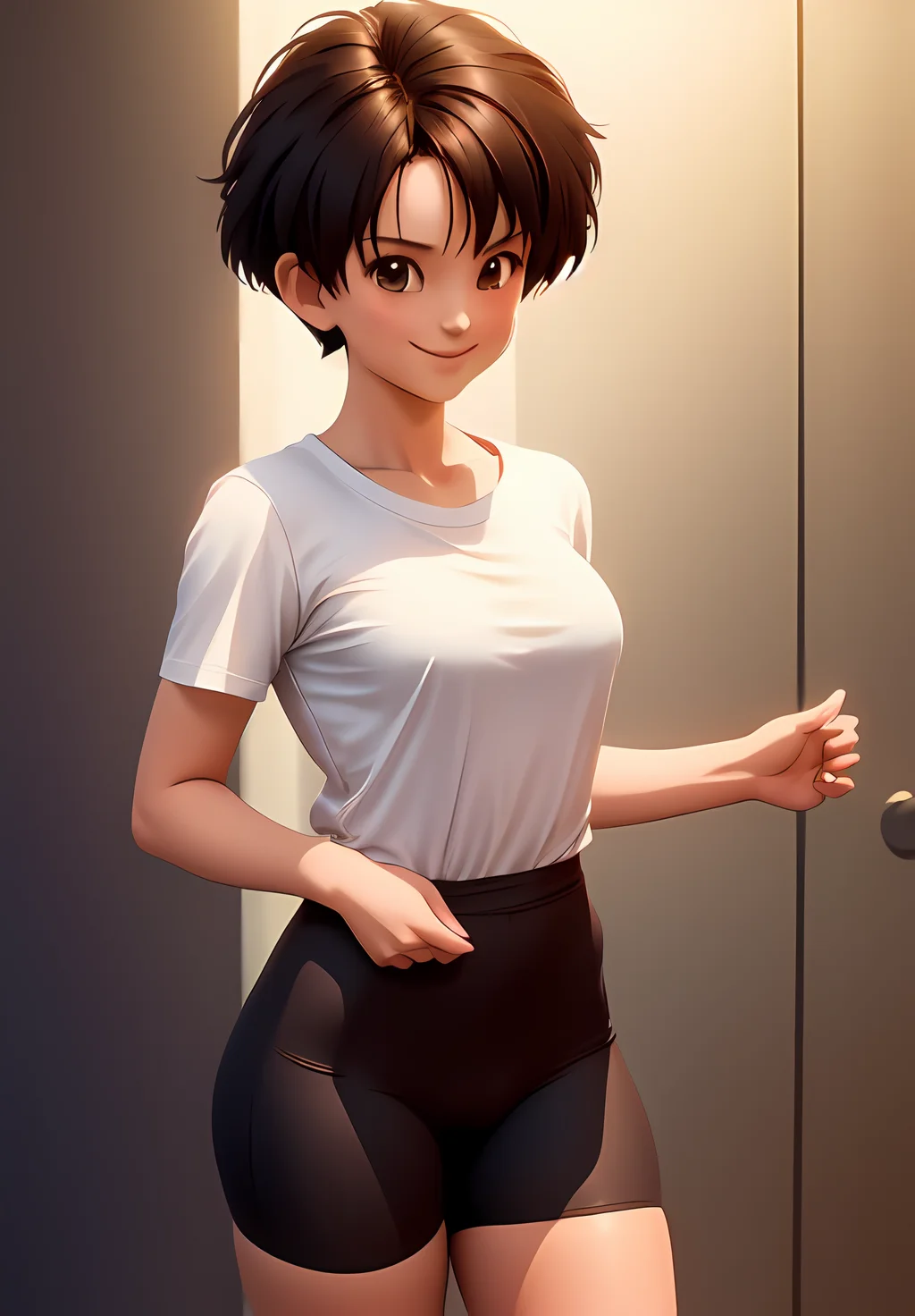 <lora:Videl:0.8>, Videl, 1girl, solo, smile, white shirt, bike shorts, short hair, messy hair, (acclaimed, alluring, captivating, exciting, gorgeous, striking:1.3), (trending on CGSociety, trending on pixiv, contest winner:1.3)