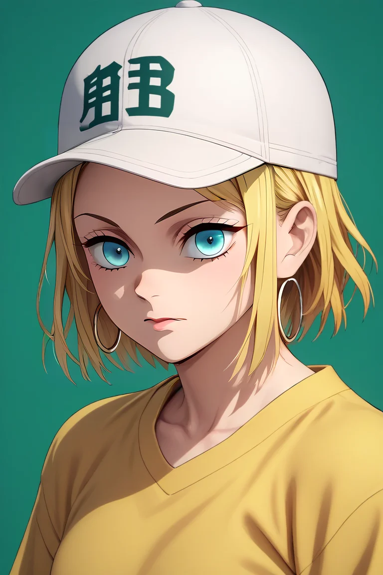 score_9, score_8_up, score_7_up, source_anime, , (3d:0.4), looking at viewer, , , 1girl, aqua eyes, baseball cap, blonde hair, closed mouth, earrings, green background, hat, hoop earrings, jewelry, looking at viewer, shirt, short hair, simple background, solo, upper body, yellow shirt, solo, , <lora:kimetsu_no_yaiba_style_pony:0.82>, kimetsu_no_yaiba_style, <lora:sdxl_lightning_8step_lora:1>,