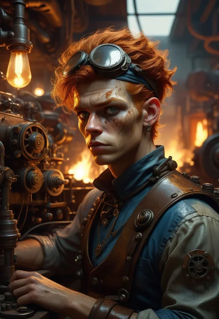 Wiry ginger mechanic with eyepatch in a dieselpunk workshop, determined and focused expression, covered in grease and oil, working on a large, steam-powered machine, tools and parts scattered around, workshop filled with heavy machinery and steam, air filled with the scent of metal and smoke, distant sounds of clanking gears and hissing steam, use of 'high resolution', '8k', 'hyper-detailed', 'dieselpunk', 'dramatic lighting' to highlight the gritty environment, 'depth of field' for immersive effect, 'HDR' for high dynamic range
