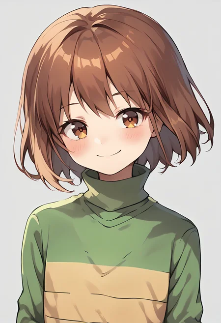 score_9, score_8_up, score_7_up, source_anime , <lora:Chara pony:1>, chara, 1girl, smile, solo, brown hair, simple background, blush, striped, shirt, looking at viewer, closed mouth, upper body, brown eyes, striped shirt, bangs, short hair, grey background, striped sweater, green shirt,