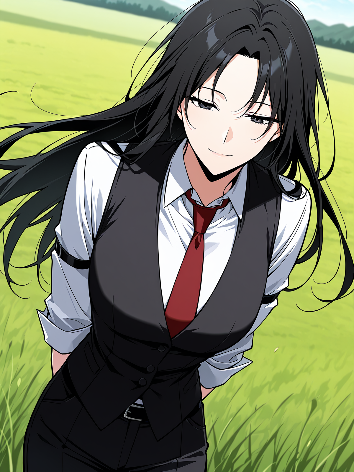 <lora:Omniscient_Readers_Viewpoint__Jung_Heewon:1>
1 girl, solo, black hair, long hair, black eyes, straight hair, loose hair, 
white shirt, red necktie, black vest, black pants, black belt, formal outfit, sleeveless vest, rolled-up sleeves, 
score_9, score_8_up, score_7_up, very aesthetic, source_anime, detailed, high quality, beautiful, masterpiece, detailed eyes, field, blurry background, pose dynamic angle, upper body, cowboy shot, light smile, floating hair, half-closed eyes, hands behind back, leaning forward, looking forward, looking at viewer
