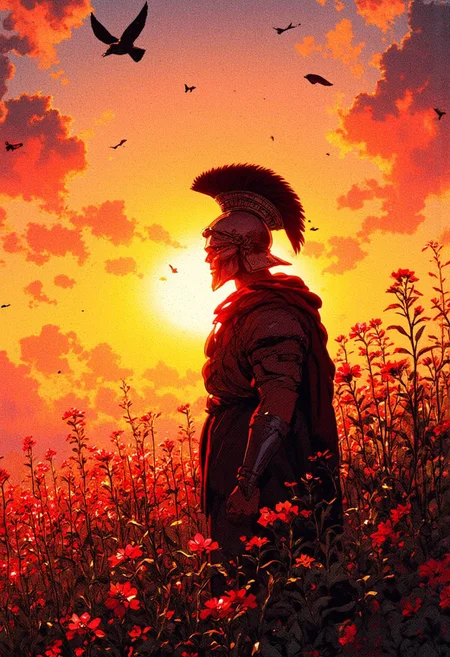 image of a spartan warrior standing in a field of wildflowers at sunset. The warrior, silhouetted against the glowing sun, appears to be wearing a helmet with a crest, . The sun is positioned directly behind the head, creating a halo-like effect. Birds fly gracefully across the sky, adding to the peaceful and epic atmosphere. The scene is bathed in warm, golden-red hues, enhancing the feeling of tranquility and strength. The contrast between the dark silhouette and the vibrant background makes the image visually striking and evocative
