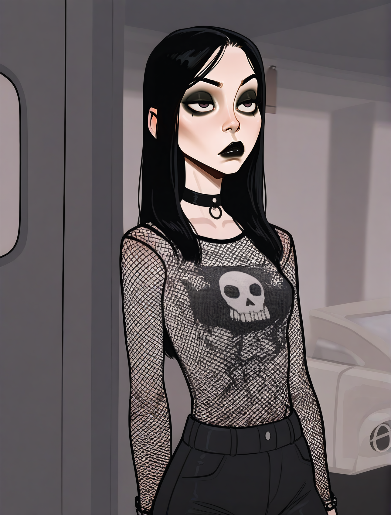 masterpiece, best quality, absurdres, 
incase style, realistic,
1girl, 1nc4s3, solo, small, petite, emo, dark eyeshadow, black lipstick, bored face, choker, fishnet shirt, minivan,