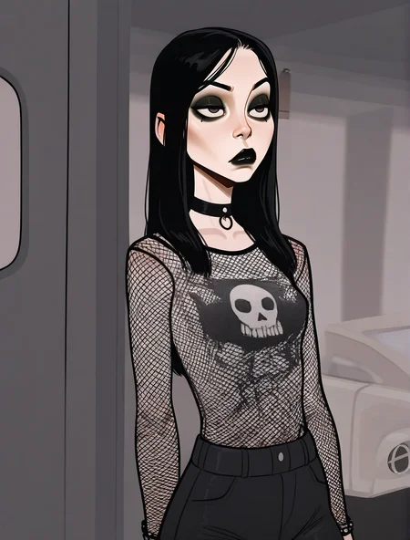 masterpiece, best quality, absurdres,
incase style, realistic,
1girl, 1nc4s3, solo, small, petite, emo, dark eyeshadow, black lipstick, bored face, choker, fishnet shirt, minivan,