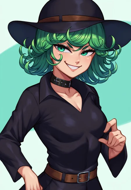 score_9, score_8_up, score_7_up BREAK 1girl, tatsumaki, belt collar, black choker, black eyeliner, black hat, black shirt, breasts, choker, collar, eyeliner, green eyes, green hair, hat, makeup, medium breasts, shirt, short hair, upper body, soft smile, abstract background, nire