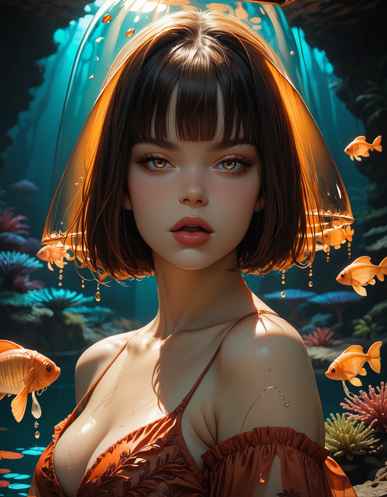 score_9, score_8_up, score_7_up, score_7, score_6_up, score_5_up, reij-nmrt, realistic, full body, a beautiful woman,25 yo, copper hair, shoulder length hair, hime cut, brown gloomy eyes, red lips, small mouth, looks like a geisha, on top of her head she wears a transparent jelly fish as hood, wears a transparent medival orange bilouminescent dress, soft tanned skin, intricate details, naturalism, hyperdetailed, hyperrealistic, view from the side, looking at viewer, hair between eyes, blurred background, posing in a coral reef under water in an under water temple, glowing jellyfish surround her, by night, scenery just belight from the glow of her dress and the jellyfish, under water scenery <lora:artstyle-000008:0.6>