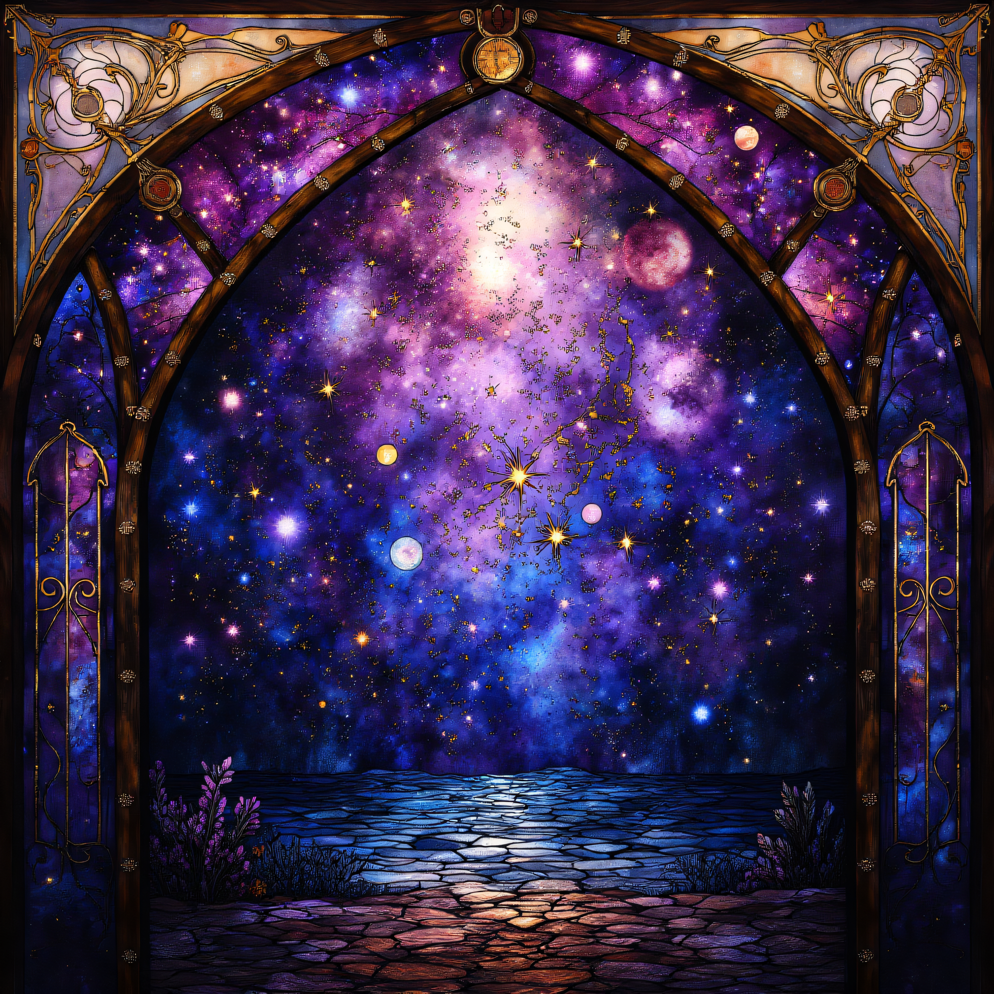 ArsMJStyle, Stained Glass, The Celestial Arch
An archway leading to a cosmic night sky filled with stars, planets, and constellations. Rich purples and dark blues swirl together, while bright stars create a shimmering path through the heavens.