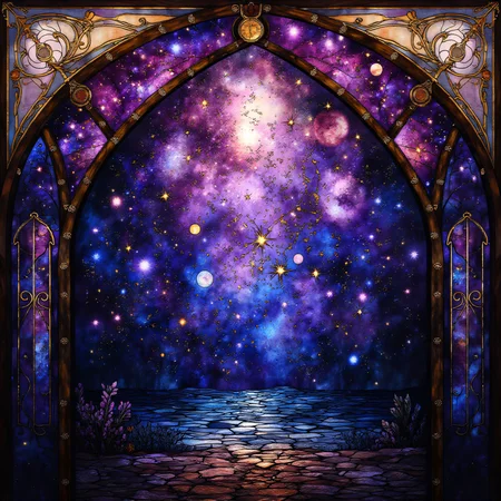 ArsMJStyle, Stained Glass, The Celestial Arch
An archway leading to a cosmic night sky filled with stars, planets, and constellations. Rich purples and dark blues swirl together, while bright stars create a shimmering path through the heavens.