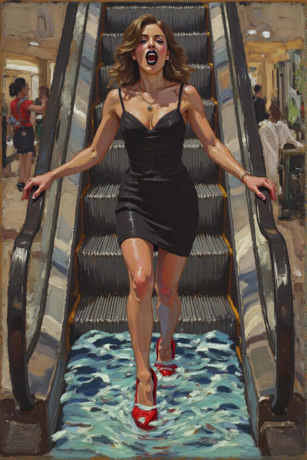 tomthom1 painting. 
a woman in a chic little black dress and vibrant red high heels, gracefully descending an escalator. She wears black lipstick and is screaming. Her attire exudes elegance and sophistication, with the red heels providing a bold pop of color against the classic black dress. The escalator itself, typically found in a mall or airport, leads downwards into an unexpected and dreamlike destinationâ -- pool of rippling water. The water is blue and ripples as the escalator's steps disappear beneath the surface. The woman's posture is poised and confident, as she seems unperturbed by the unusual surroundings. The overall atmosphere is a blend of high fashion and surreal fantasy, capturing a moment that is both elegant and otherworldly,  <lora:tomthom1_cap_d6a3:1.0><lora:815492003484917954:0>