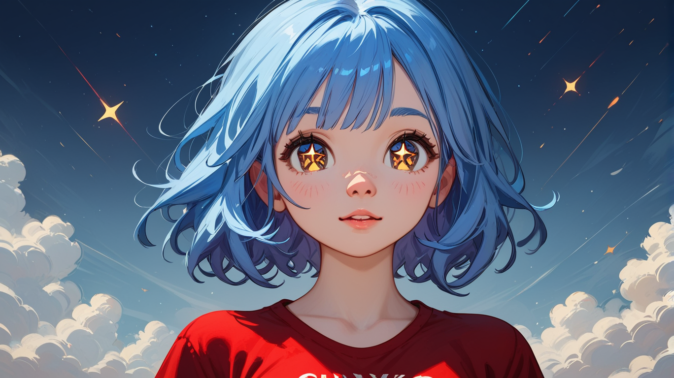 score_9, score_8_up, score_7_up, zPDXL2, <lora:flat2DAnimerge_epoch_10:1.0>, flat2D, 
1girl, cute face, detailed eyes. starry eyes, red t-shirt, short blue hair, portrait