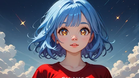 score_9, score_8_up, score_7_up, zPDXL2, <lora:flat2DAnimerge_epoch_10:1.0>, flat2D,
1girl, cute face, detailed eyes. starry eyes, red t-shirt, short blue hair, portrait