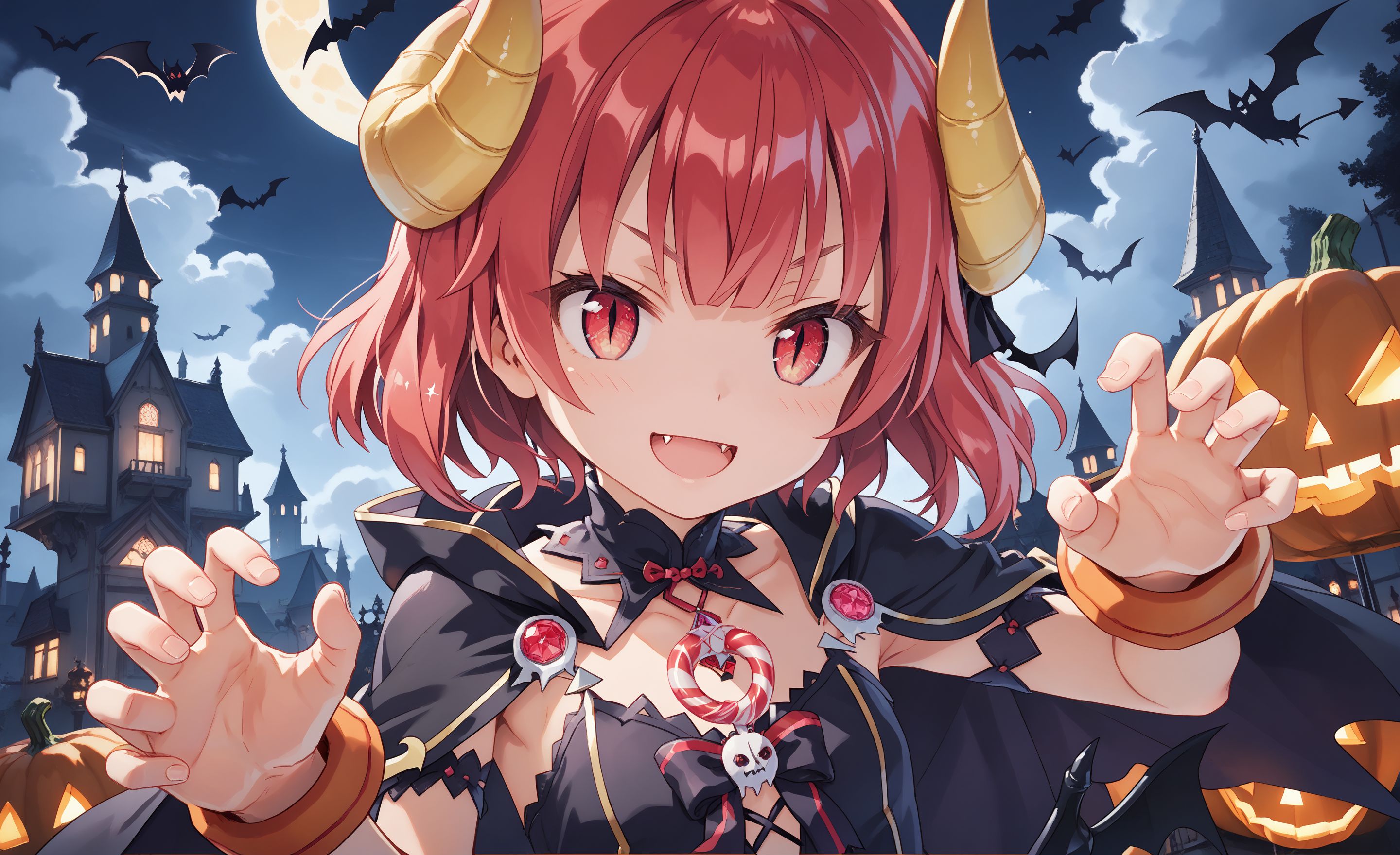 score_max, (score_9, score_8_up, score_7_up:1.2), score_6_up, official art, source_anime,
, masterpiece, absurdres, high detail, 8k,
night, halloween, crescent moon, bat, ghost, sparkle, shadow castle, pumpkin, candy, candy cane, upper body,
claw pose, evil smile, open mouth, fang,
kurona, demon horn, yellow horn, demon girl, demon wings, hood, black dress, collarbone, black cape, orange gloves, elbow gloves, gem, ornament,
<lora:XL_Pony_game-galgun2-kurona-t1:1>