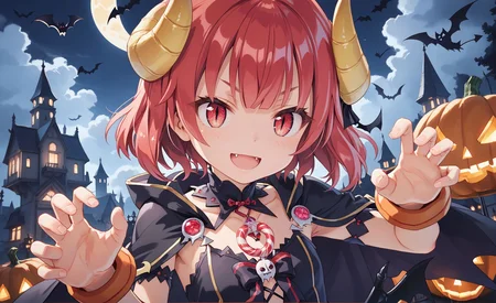 score_max, (score_9, score_8_up, score_7_up:1.2), score_6_up, official art, source_anime,
, masterpiece, absurdres, high detail, 8k,
night, halloween, crescent moon, bat, ghost, sparkle, shadow castle, pumpkin, candy, candy cane, upper body,
claw pose, evil smile, open mouth, fang,
kurona, demon horn, yellow horn, demon girl, demon wings, hood, black dress, collarbone, black cape, orange gloves, elbow gloves, gem, ornament,
<lora:XL_Pony_game-galgun2-kurona-t1:1>