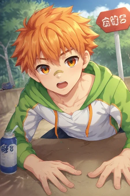 score_9, score_8_up, score_7_up, source_anime, rating_safe, intricate details, , , depth of field, 1boy, solo, male focus, <lora:jirou_camp_buddy_pony:0.98>, jirou_camp_buddy, orange hair, orange eyes, bandaid on nose, focused, bus stop, dawn, lying, on stomach, open mouth, , <lora:sdxl_lightning_8step_lora:1>
