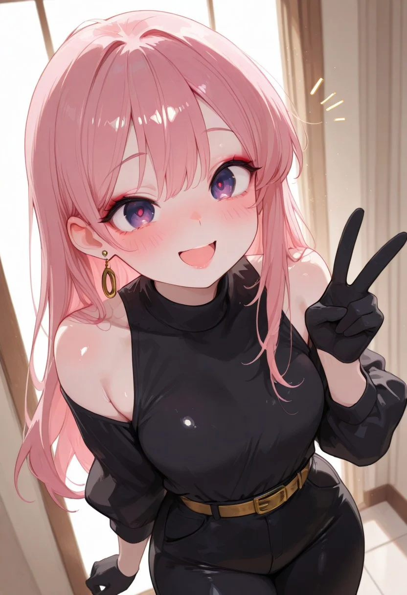 highest quality, extremely detailed, 4k, 8k, amazing quality, masterpiece, (best quality:1.1),ultra-detailed, high resolution, super detailed skin, beautiful detailed eyes, nsfw, Brightly Lit, Highly Visible, 8k, sharp focus, beautiful, perfect lighting, beautiful eyes, anatomically correct, anatomically correct face, extremely detailed eyes, smooth edges, beautiful face, symmetrical eyes, symmetrical face, BREAK,
CivChan,purple eyes,pink hair, BREAK,
open mouth,pale skin, makeup, lips, BREAK,
thick thighs, BREAK,
shiny skin, gyaru,1girl, smile,blush, BREAK,
indoor,rim lighting,warm lighting, looking at viewer, BREAK,gl0ssy, shiny skin,v,
belt buckle, yellow belt buckle, bare shoulders, clothing cutout, shoulder cutout, pants, black pants, earrings, long sleeves, shirt, off shoulder, gloves, black gloves, off shouder,