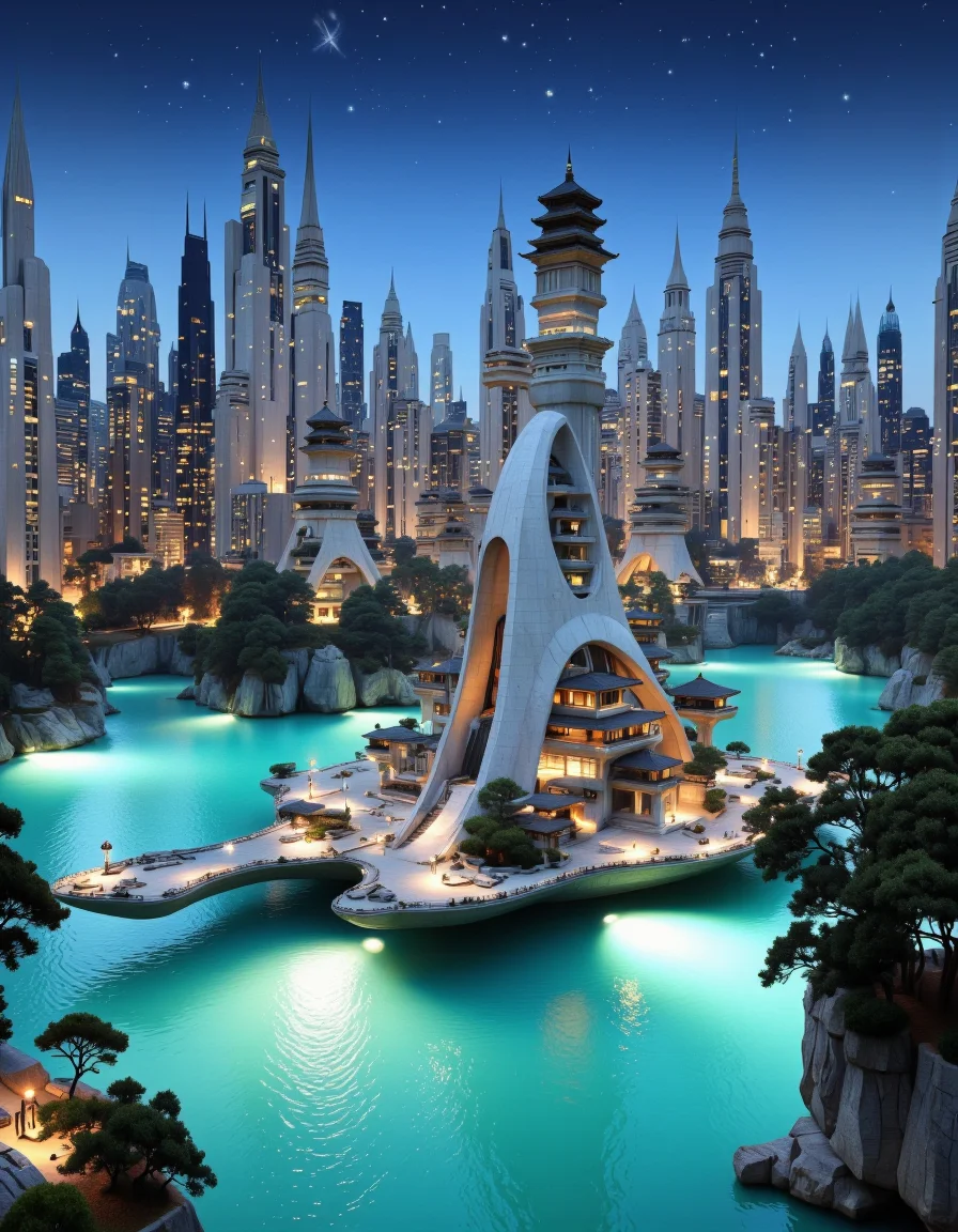Futura. A futuristic cityscape with a futuristic floating structure in the middle of a body of water at night. the image is a photo-realistic depiction of a futuristic city with a floating structure resembling a spaceship, featuring a sleek, modern design with multiple towers and a unique architectural feature. the building is situated in the center of the image, surrounded by a serene landscape with turquoise water and a cityscape in the background. the sky is clear and blue, with a few stars visible in the night sky. the cityscape is lit up with city lights, creating a glowing effect, and there are several pagodas on the structures, adding to the serene atmosphere. the architecture is composed of multiple towers, each with a unique design and intricate details, that create a sense of depth and dimensionality, making it a visually striking and captivating scene. <lora:Futura-000005:1>