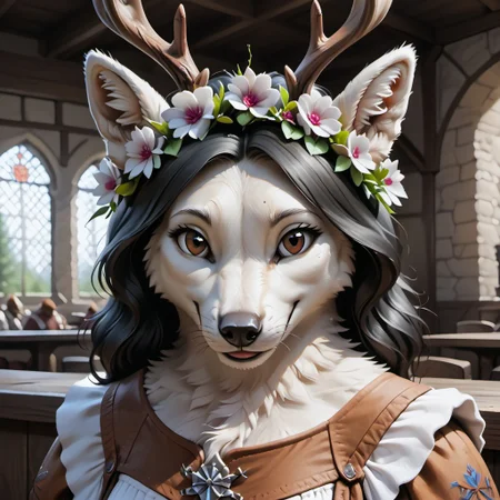 anthro, female raindeer, tufted fur, tufted ears, cheast tuft, fluffy tail, detailed fur, black hair, raindeer antlers, white fur, brown eyes, detailed face, medieval tavern, medieval dress, medium breasts, flower crown, solo, close-up, smile,