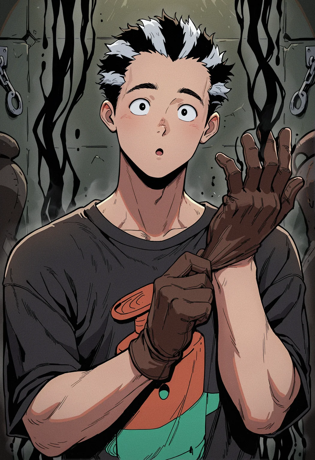 masterpiece, best quality, newest, absurdres, highres, very awa, 1boy, male focus, bara, fujita \(dorohedoro\), :o, upper body, portrait, black shirt, t-shirt, looking at viewer, slender, skinny, black eyes, black smoke, brown glove, single glove, adjusting gloves, close-up