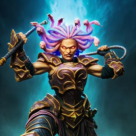 worm on a string hair:0.8, fluffy:0.8, a fierce warrior with armor crafted from hardened, multicolored hair:0.8, fluffy:0.8 worm on a string hair:0.8, wielding a whip made of a giant, glowing worm on a string hair:0.8, dynamic battle pose, determined expression, glowing eyes, detailed armor, fantasy art, snake:0.8, strong, powerful, dramatic lighting, fcPortrait, 3DMM