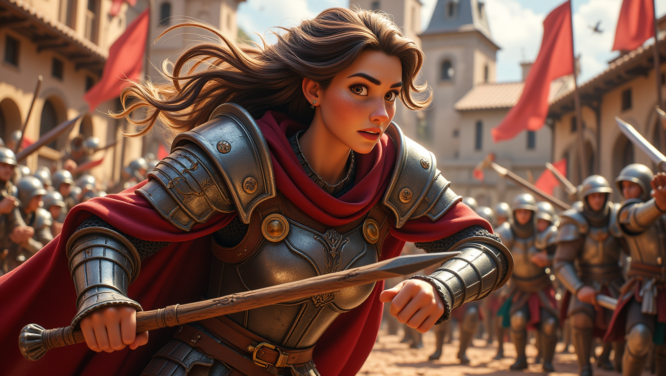 A fierce female warrior, clad in intricately designed armor, charges into battle with a determined expression. She wields a double-edged axe with expert precision, her long hair flowing behind her as she faces her enemies. The battlefield is chaotic, with clashing swords and flying arrows, but the warrior remains focused and unyielding. The style is dynamic and intense, emphasizing the warriorâs strength and the ferocity of medieval combat   <lora:Cute_3d_Cartoon_Flux:0.6>
