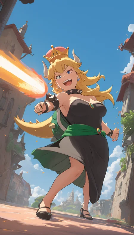 Cinematic scene, hero view, Bowsette <lora:bowsette_xl_v1:1>, tail, action pose, detailed background, masterpiece, best quality, high quality, absurdres, (Studio ghibli style, Art by Hayao Miyazaki:1.2), Anime Style, Manga Style, Hand drawn, cinematic, Sharp focus, humorous illustration, big depth of field, Masterpiece, concept art, trending on artstation, Vivid colors, Simplified style, trending on ArtStation, trending on CGSociety, Intricate, Vibrant colors, Soft Shading, Simplistic Features, Sharp Angles, Playful
